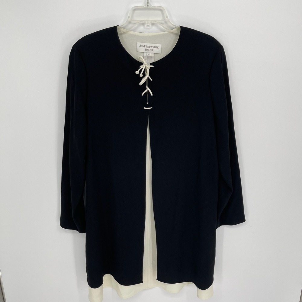 Jones‎ New York Women's Vintage Black White Lace Up Layered Shift Dress Size 16